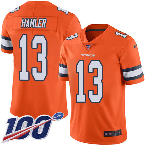 Nike Broncos #13 KJ Hamler Orange Men's Stitched NFL Limited Rush 100th Season Jersey
