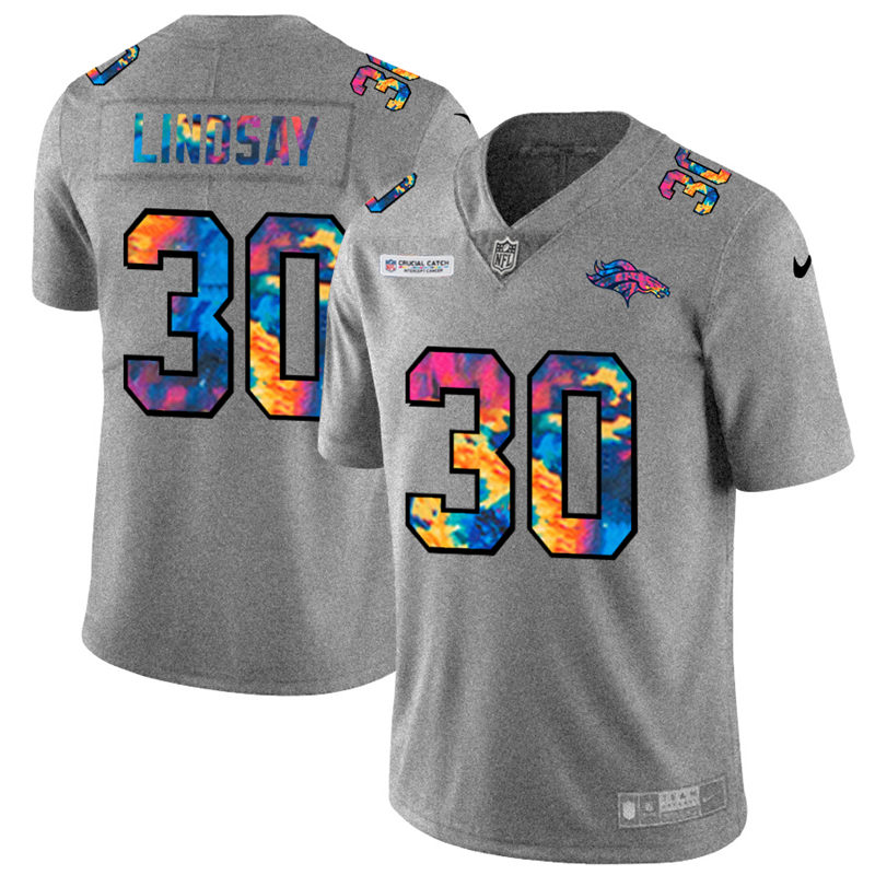 Denver Broncos #30 Phillip Lindsay Men's Nike Multi-Color 2020 NFL Crucial Catch NFL Jersey Greyheather