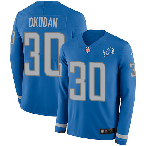 Nike Lions #30 Jeff Okudah Blue Team Color Men's Stitched NFL Limited Therma Long Sleeve Jersey