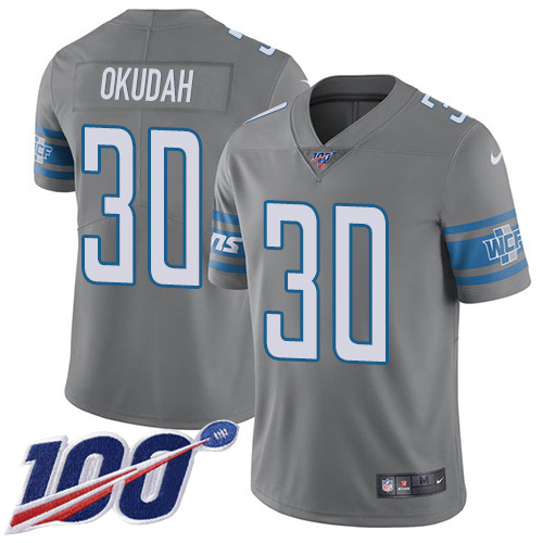 Nike Lions #30 Jeff Okudah Gray Men's Stitched NFL Limited Rush 100th Season Jersey