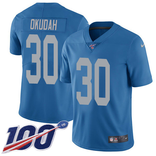 Nike Lions #30 Jeff Okudah Blue Throwback Men's Stitched NFL 100th Season Vapor Untouchable Limited Jersey