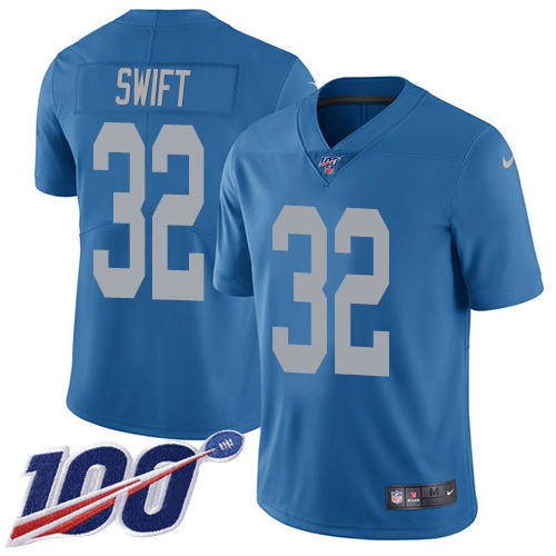 Nike Lions #32 D'Andre Swift Blue Throwback Men's Stitched NFL 100th Season Vapor Untouchable Limited Jersey