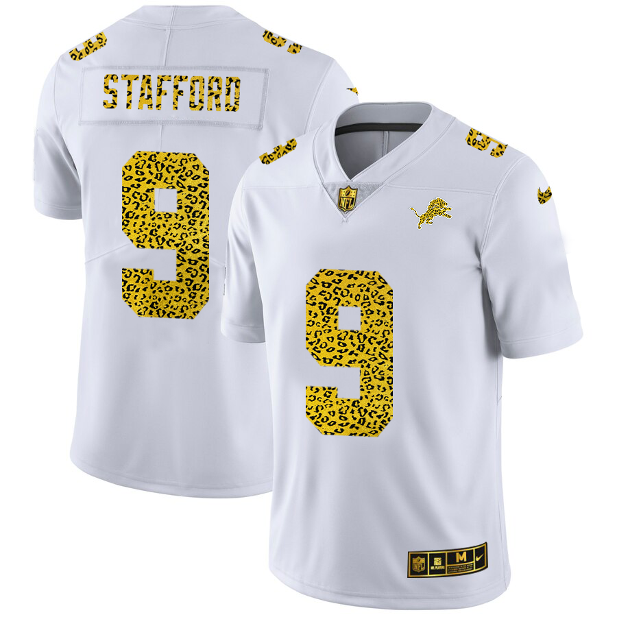 Detroit Lions #9 Matthew Stafford Men's Nike Flocked Leopard Print Vapor Limited NFL Jersey White