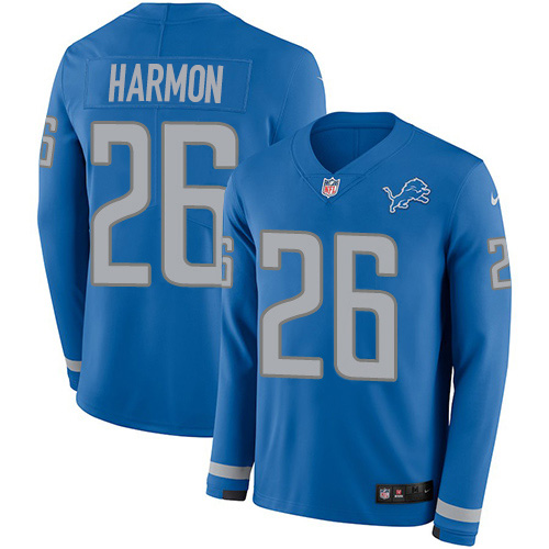 Nike Lions #26 Duron Harmon Blue Team Color Men's Stitched NFL Limited Therma Long Sleeve Jersey