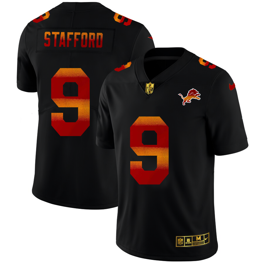 Detroit Lions #9 Matthew Stafford Men's Black Nike Red Orange Stripe Vapor Limited NFL Jersey