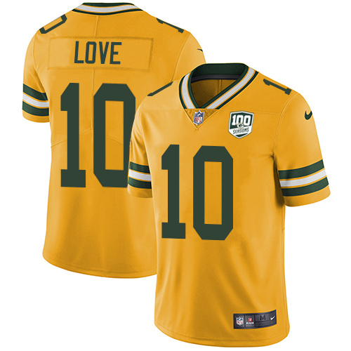 Nike Packers #10 Jordan Love Yellow Men's 100th Season Stitched NFL Limited Rush Jersey