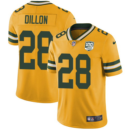 Nike Packers #28 AJ Dillon Yellow Men's 100th Season Stitched NFL Limited Rush Jersey