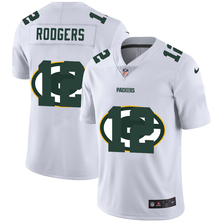 Green Bay Packers #12 Aaron Rodgers White Men's Nike Team Logo Dual Overlap Limited NFL Jersey