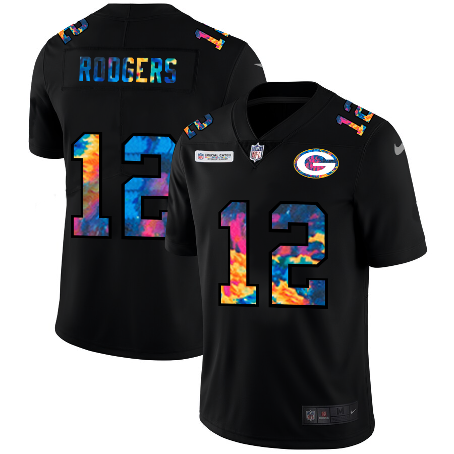 Green Bay Packers #12 Aaron Rodgers Men's Nike Multi-Color Black 2020 NFL Crucial Catch Vapor Untouchable Limited Jersey