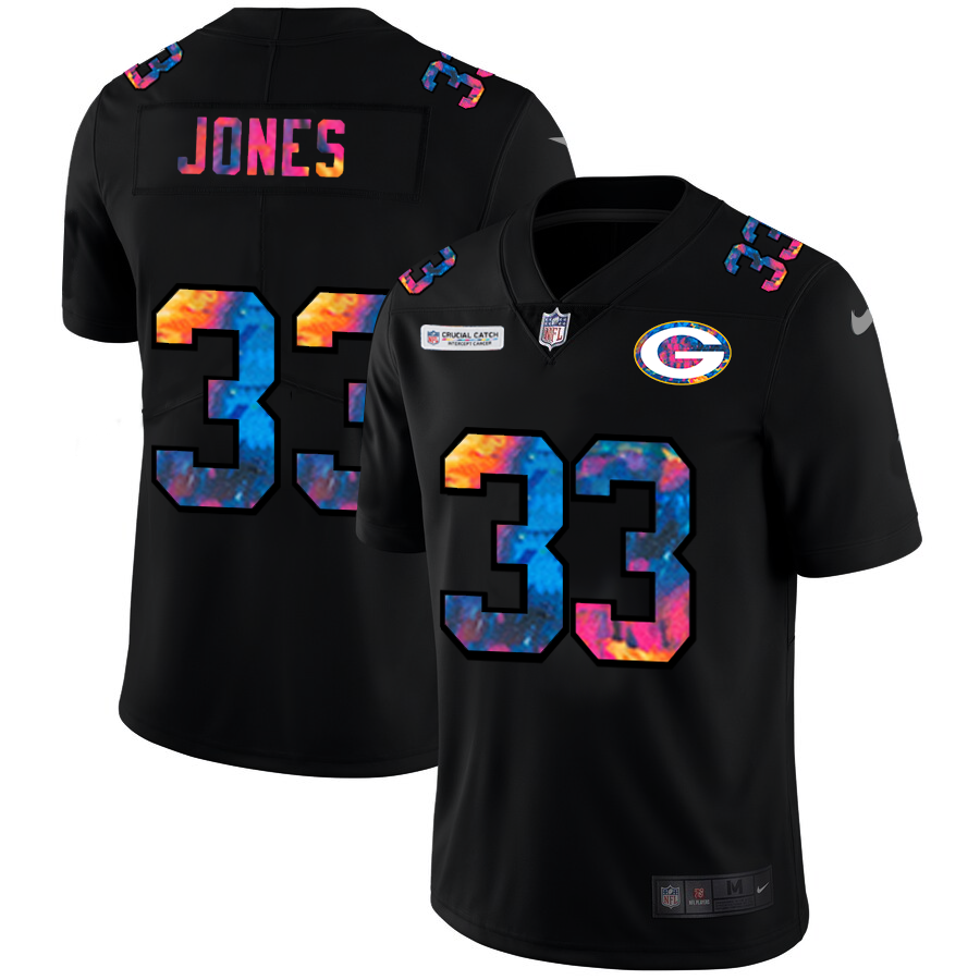 Green Bay Packers #33 Aaron Jones Men's Nike Multi-Color Black 2020 NFL Crucial Catch Vapor Untouchable Limited Jersey