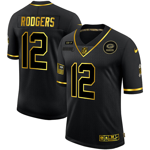 Green Bay Packers #12 Aaron Rodgers Men's Nike 2020 Salute To Service Golden Limited NFL Jersey Black