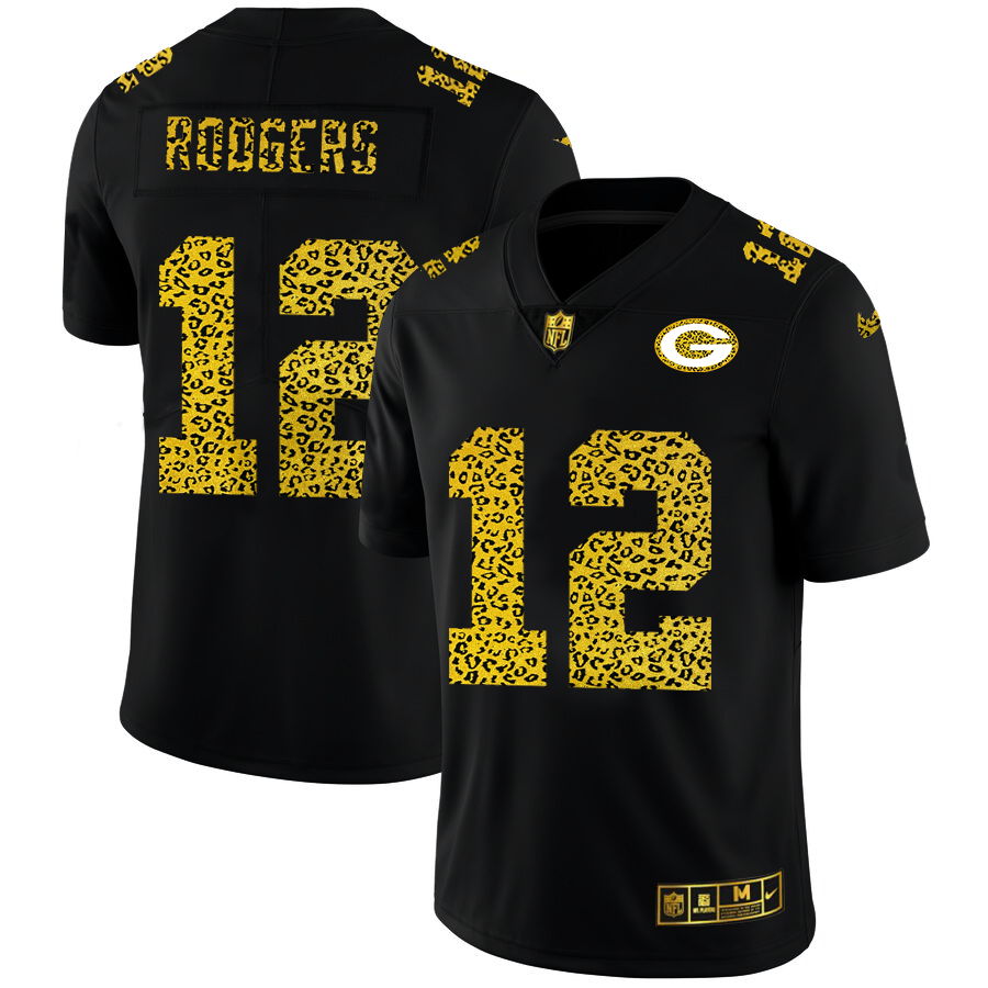 Green Bay Packers #12 Aaron Rodgers Men's Nike Leopard Print Fashion Vapor Limited NFL Jersey Black