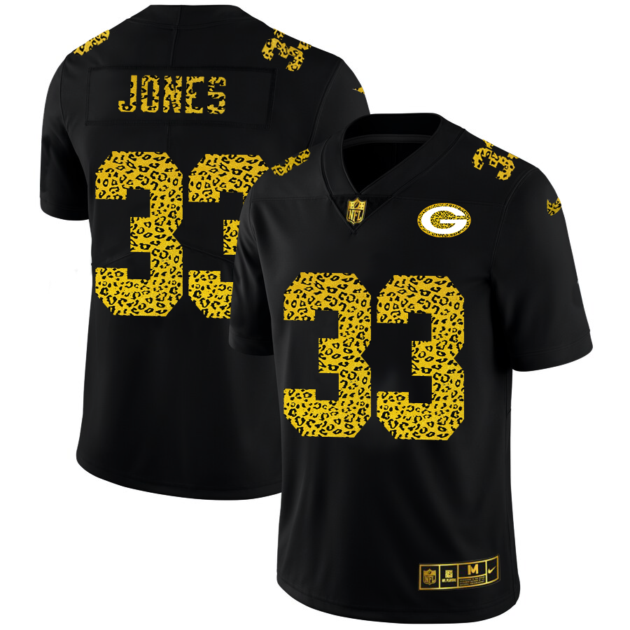 Green Bay Packers #33 Aaron Jones Men's Nike Leopard Print Fashion Vapor Limited NFL Jersey Black