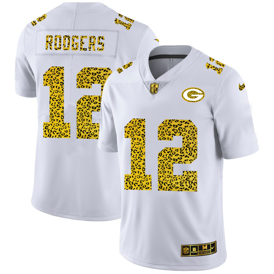Green Bay Packers #12 Aaron Rodgers Men's Nike Flocked Leopard Print Vapor Limited NFL Jersey White