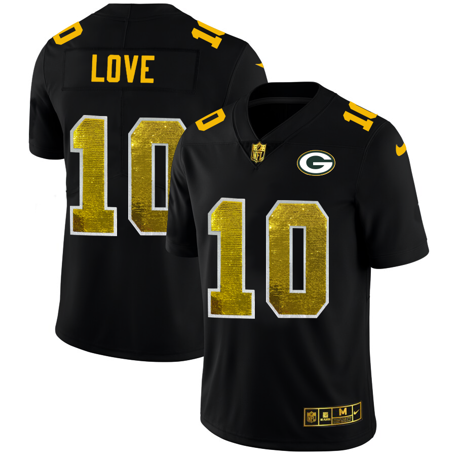 Green Bay Packers #10 Jordan Love Men's Black Nike Golden Sequin Vapor Limited NFL Jersey