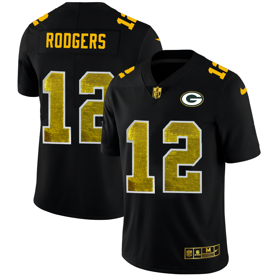 Green Bay Packers #12 Aaron Rodgers Men's Black Nike Golden Sequin Vapor Limited NFL Jersey