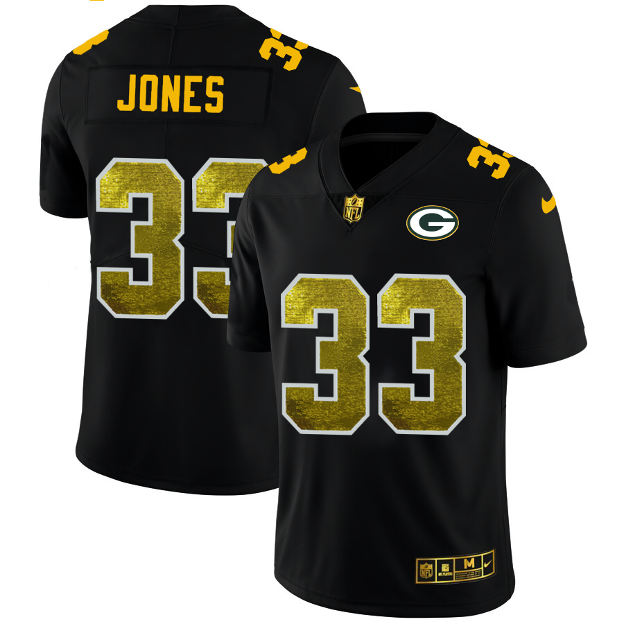 Green Bay Packers #33 Aaron Jones Men's Black Nike Golden Sequin Vapor Limited NFL Jersey