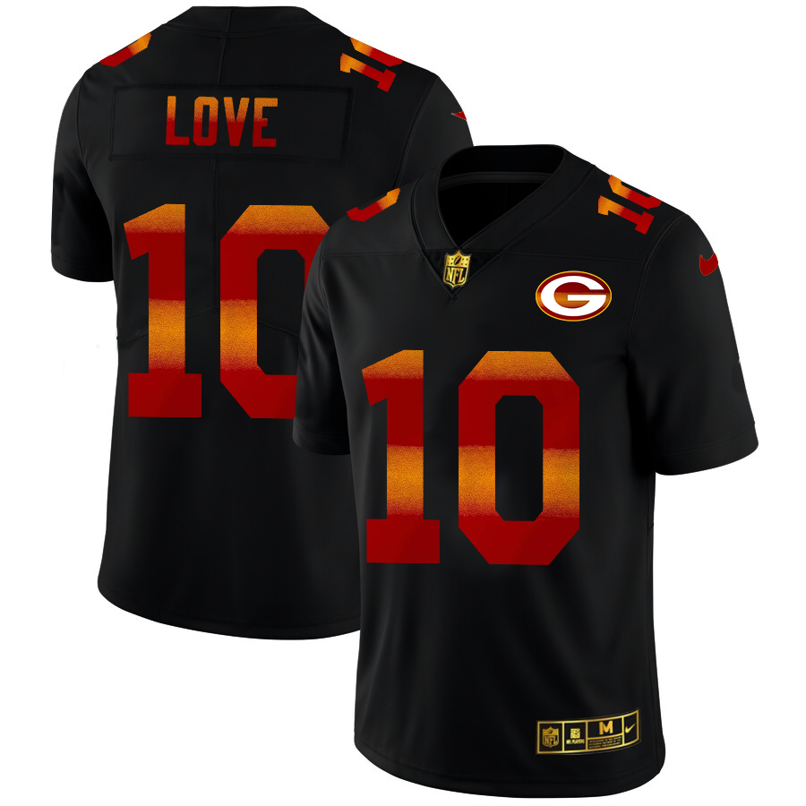 Green Bay Packers #10 Jordan Love Men's Black Nike Red Orange Stripe Vapor Limited NFL Jersey