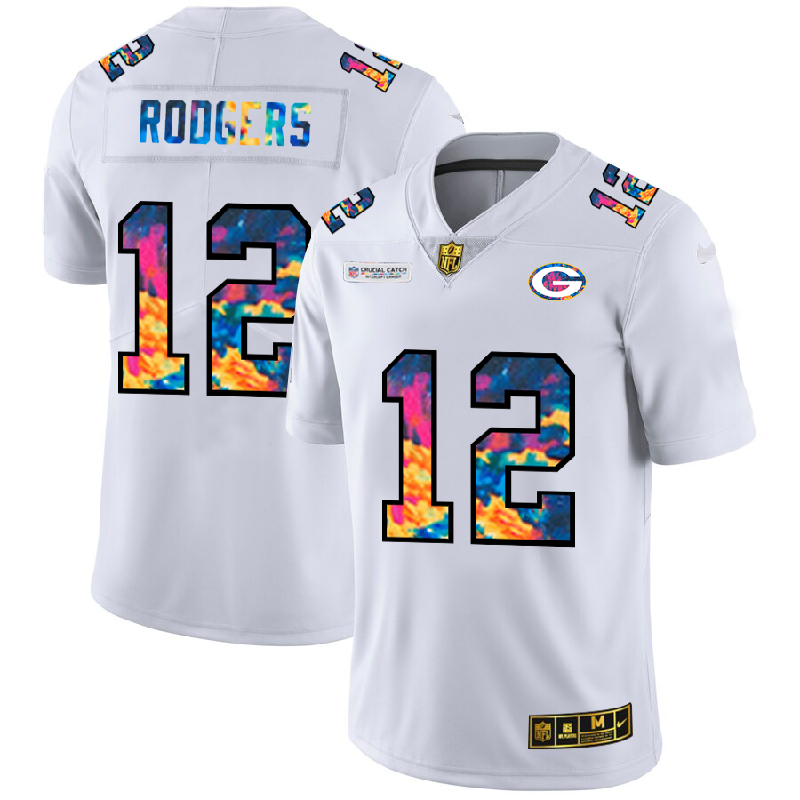 Green Bay Packers #12 Aaron Rodgers Men's White Nike Multi-Color 2020 NFL Crucial Catch Limited NFL Jersey