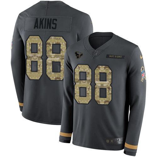 Nike Texans #88 Jordan Akins Anthracite Salute to Service Men's Stitched NFL Limited Therma Long Sleeve Jersey