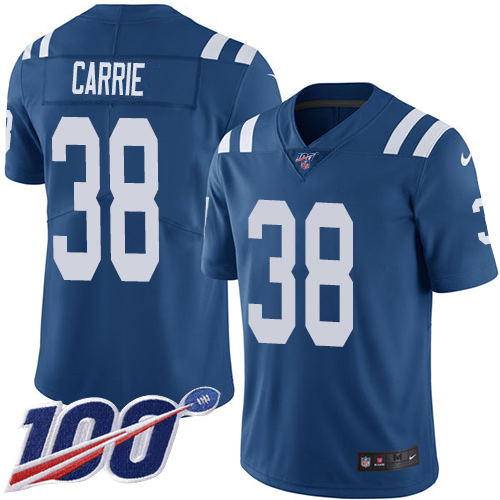 Nike Colts #38 T.J. Carrie Royal Blue Team Color Men's Stitched NFL 100th Season Vapor Untouchable Limited Jersey