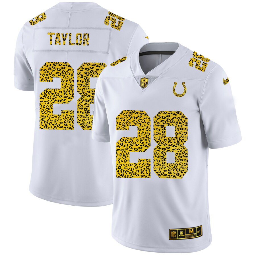 Indianapolis Colts #28 Jonathan Taylor Men's Nike Flocked Leopard Print Vapor Limited NFL Jersey White