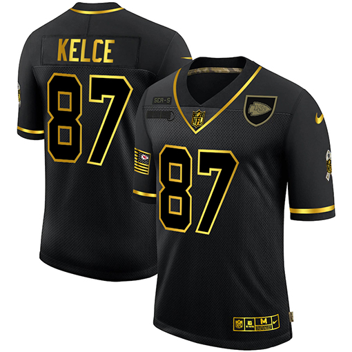 Kansas City Chiefs #87 Travis Kelce Men's Nike 2020 Salute To Service Golden Limited NFL Jersey Black