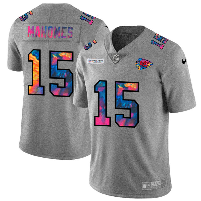Kansas City Chiefs #15 Patrick Mahomes Men's Nike Multi-Color 2020 NFL Crucial Catch NFL Jersey Greyheather