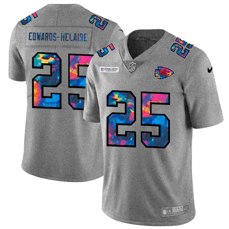 Kansas City Chiefs #25 Clyde Edwards-Helaire Men's Nike Multi-Color 2020 NFL Crucial Catch NFL Jersey Greyheather