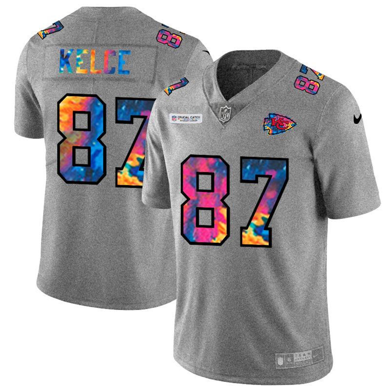 Kansas City Chiefs #87 Travis Kelce Men's Nike Multi-Color 2020 NFL Crucial Catch NFL Jersey Greyheather