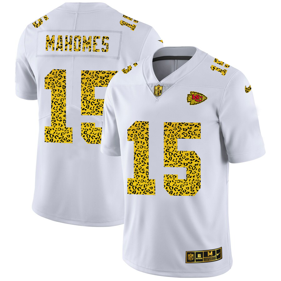Kansas City Chiefs #15 Patrick Mahomes Men's Nike Flocked Leopard Print Vapor Limited NFL Jersey White