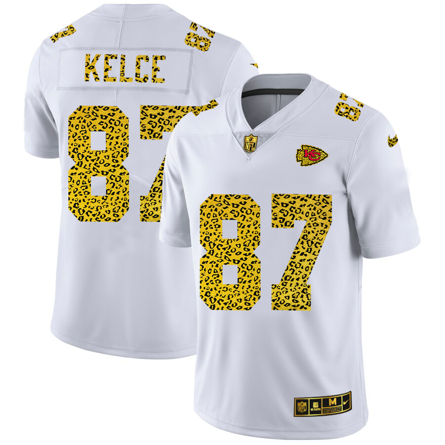 Kansas City Chiefs #87 Travis Kelce Men's Nike Flocked Leopard Print Vapor Limited NFL Jersey White