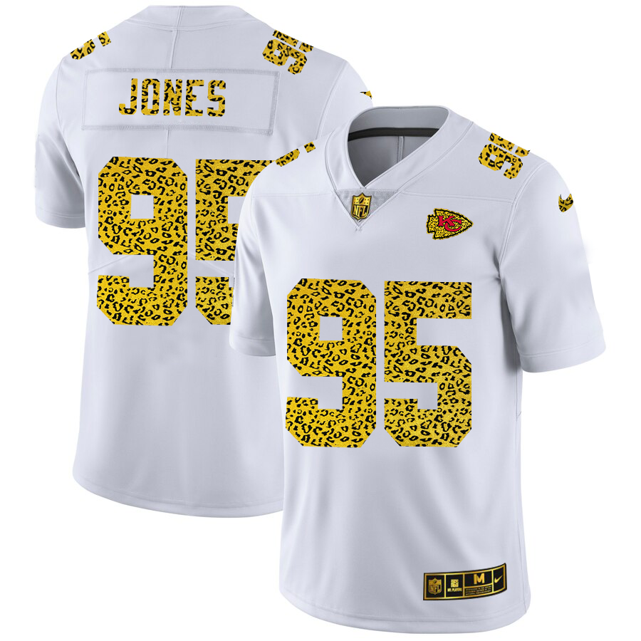 Kansas City Chiefs #95 Chris Jones Men's Nike Flocked Leopard Print Vapor Limited NFL Jersey White