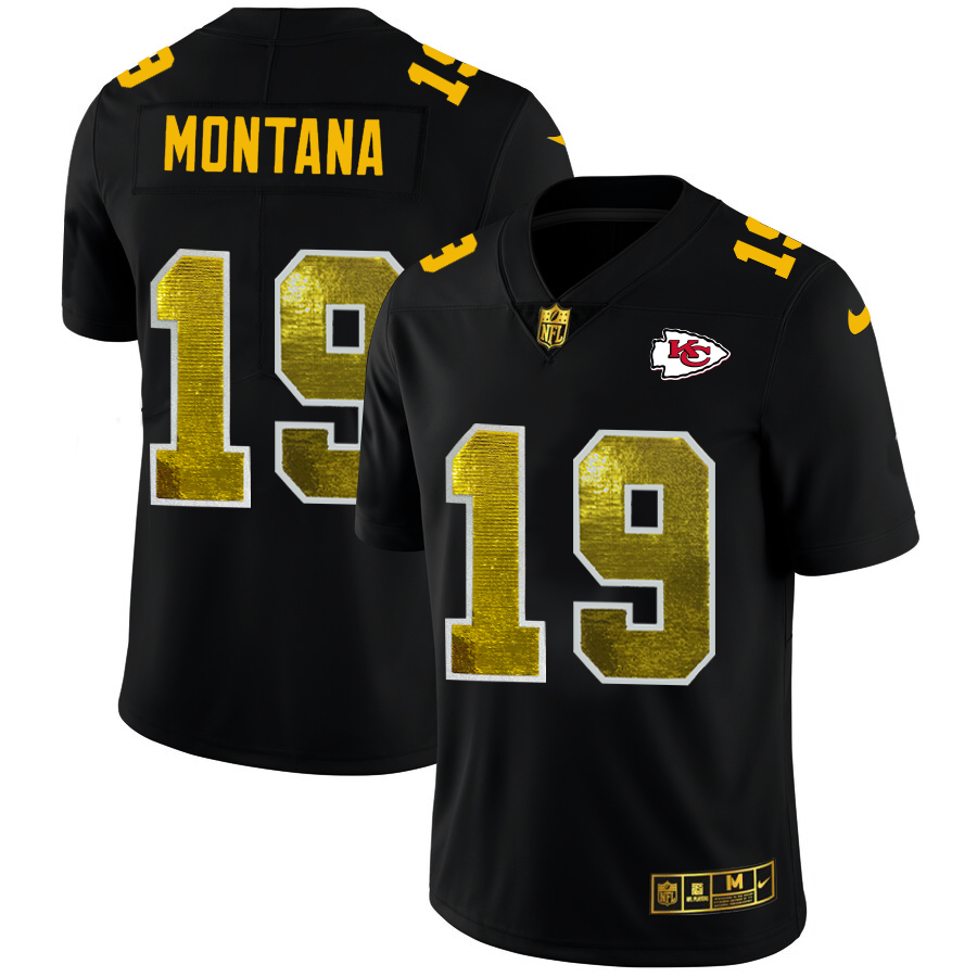 Kansas City Chiefs #19 Joe Montana Men's Black Nike Golden Sequin Vapor Limited NFL Jersey