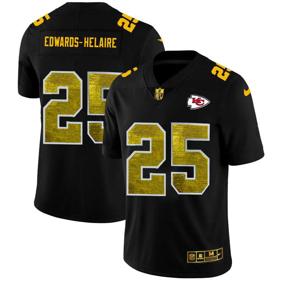 Kansas City Chiefs #25 Clyde Edwards-Helaire Men's Black Nike Golden Sequin Vapor Limited NFL Jersey