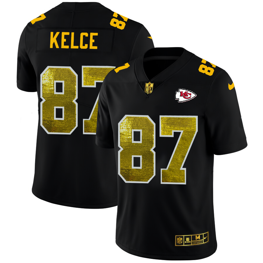 Kansas City Chiefs #87 Travis Kelce Men's Black Nike Golden Sequin Vapor Limited NFL Jersey