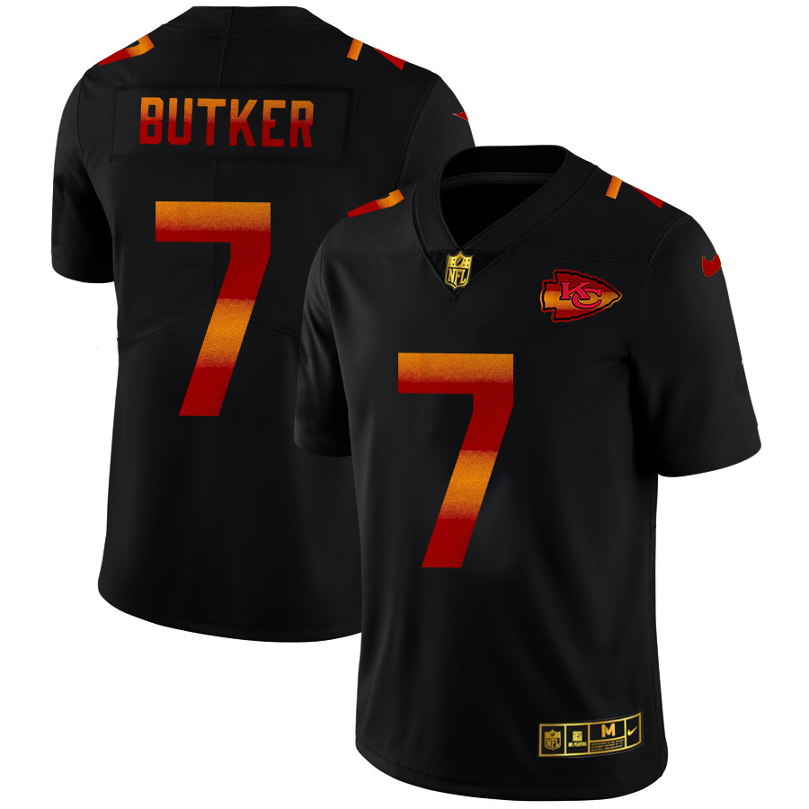 Kansas City Chiefs #7 Harrison Butker Men's Black Nike Red Orange Stripe Vapor Limited NFL Jersey