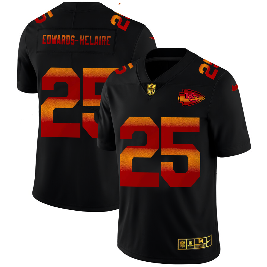 Kansas City Chiefs #25 Clyde Edwards-Helaire Men's Black Nike Red Orange Stripe Vapor Limited NFL Jersey