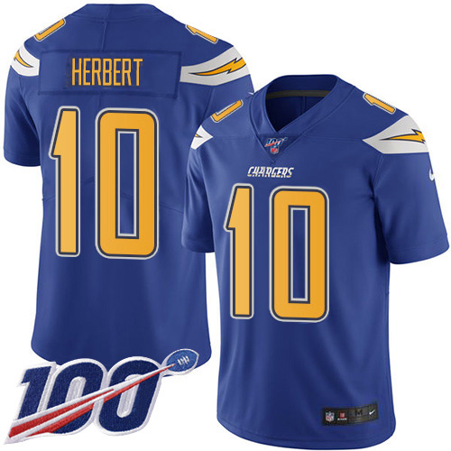 Nike Chargers #10 Justin Herbert Electric Blue Men's Stitched NFL Limited Rush 100th Season Jersey