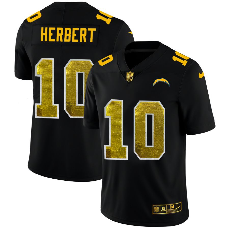 Los Angeles Chargers #10 Justin Herbert Men's Black Nike Golden Sequin Vapor Limited NFL Jersey