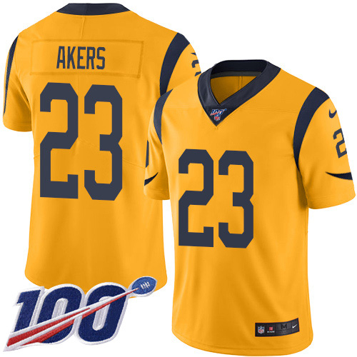 Nike Rams #23 Cam Akers Gold Men's Stitched NFL Limited Rush 100th Season Jersey Nike Rams #23 Cam Akers Gold Men's Stitched NFL Limited Rush 100th Season Jersey