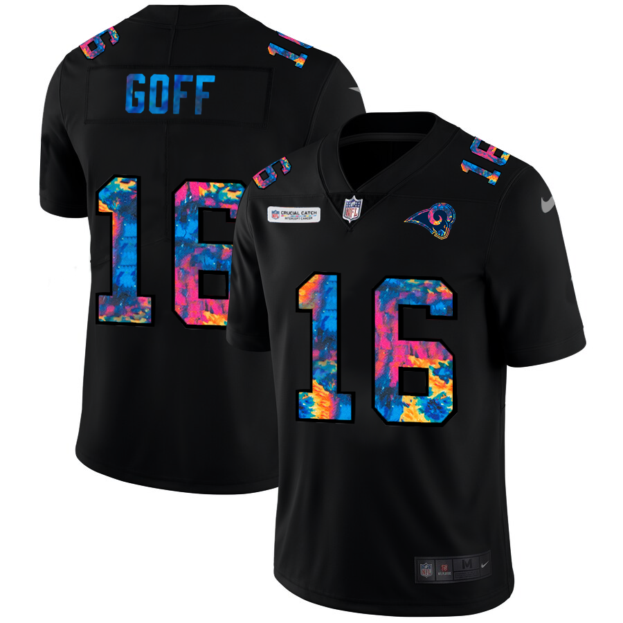 Los Angeles Rams #16 Jared Goff Men's Nike Multi-Color Black 2020 NFL Crucial Catch Vapor Untouchable Limited Jersey