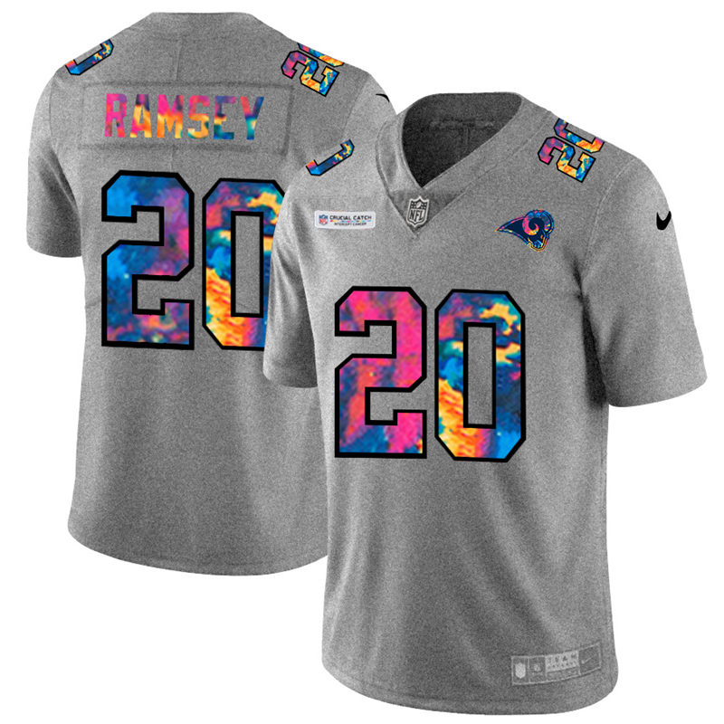 Los Angeles Rams #20 Jalen Ramsey Men's Nike Multi-Color 2020 NFL Crucial Catch NFL Jersey Greyheather