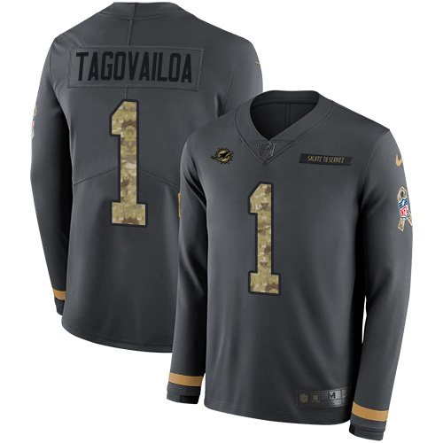 Nike Dolphins #1 Tua Tagovailoa Anthracite Salute to Service Men's Stitched NFL Limited Therma Long Sleeve Jersey