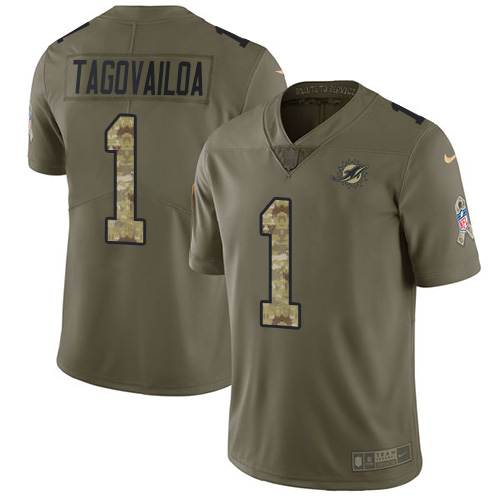 Nike Dolphins #1 Tua Tagovailoa Olive/Camo Men's Stitched NFL Limited 2017 Salute To Service Jersey