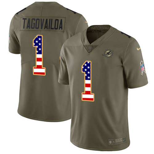 Nike Dolphins #1 Tua Tagovailoa Olive/USA Flag Men's Stitched NFL Limited 2017 Salute To Service Jersey