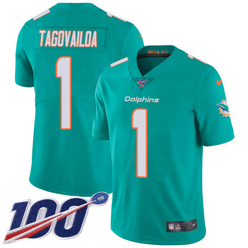 Nike Dolphins #1 Tua Tagovailoa Aqua Green Team Color Men's Stitched NFL 100th Season Vapor Untouchable Limited Jersey Nike Dolphins #1 Tua Tagovailoa Aqua Green Team Color Men's Stitched NFL 100th Season Vapor Untouchable Limited Jersey