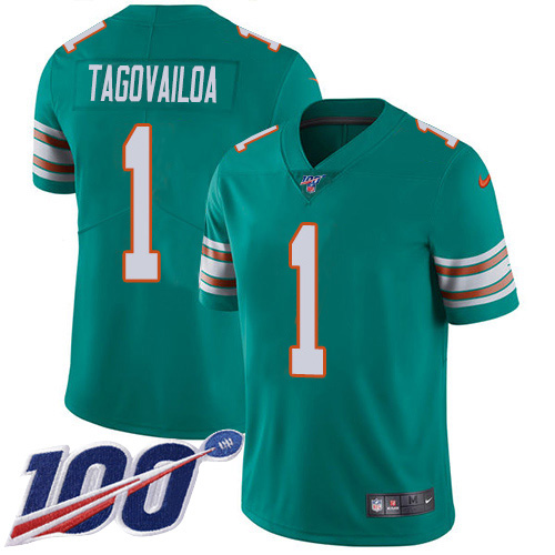 Nike Dolphins #1 Tua Tagovailoa Aqua Green Alternate Men's Stitched NFL 100th Season Vapor Untouchable Limited Jersey Nike Dolphins #1 Tua Tagovailoa Aqua Green Alternate Men's Stitched NFL 100th Season Vapor Untouchable Limited Jersey
