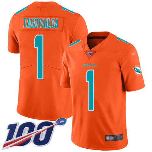 Nike Dolphins #1 Tua Tagovailoa Orange Men's Stitched NFL Limited Inverted Legend 100th Season Jersey