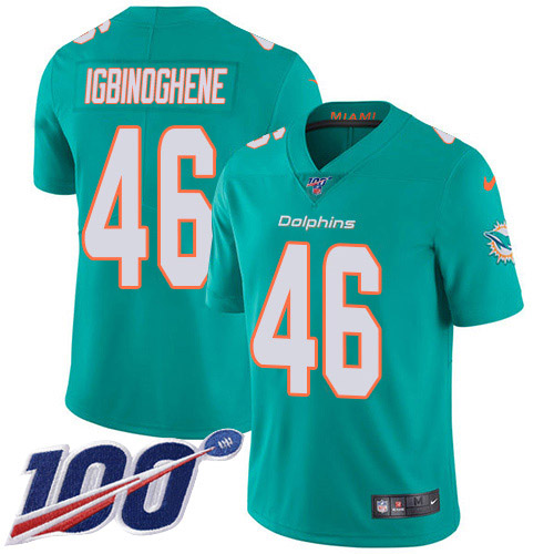 Nike Dolphins #46 Noah Igbinoghene Aqua Green Team Color Men's Stitched NFL 100th Season Vapor Untouchable Limited Jersey